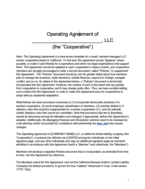 Template Basic California LLC Cooperative Operating Agreement